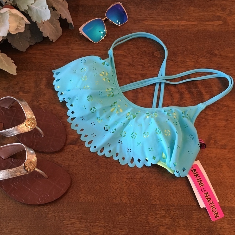 Scoop Neck Laser Cut Ruffle Bikini Swim Top - Picture 2 of 3